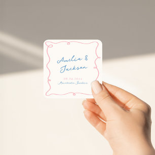 Pegatina Cuadrada Boda caprichosa a mano de color rosa y azul