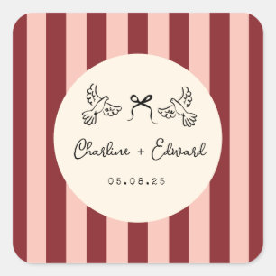 Pegatina Cuadrada Boda caprichosa de rayas rojas y rosadas
