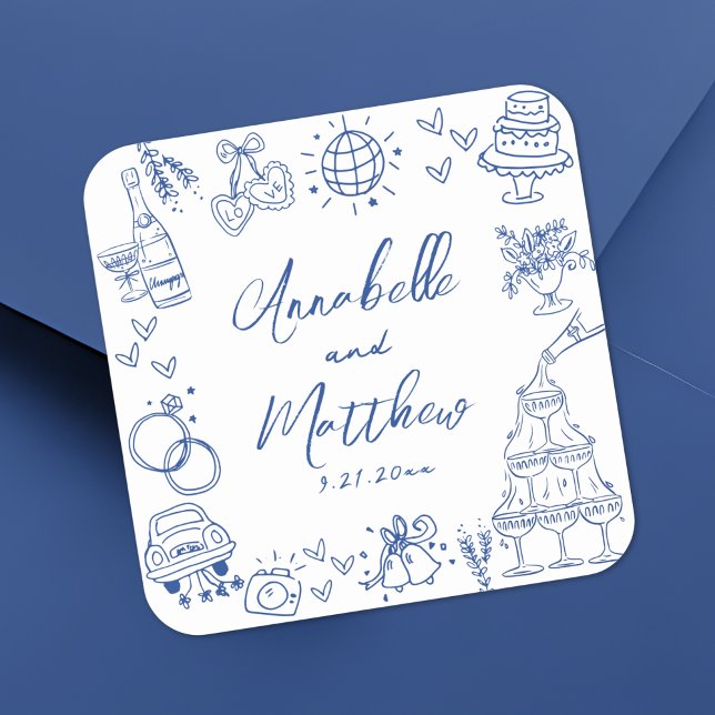Pegatina Cuadrada Boda caprichoso azul de mano dibujada (Quirky Hand Drawn Blue Whimsical Wedding Square Sticker )