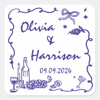 Pegatina Cuadrada Boda caprichoso de mano azul