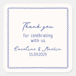 Pegatina Cuadrada Boda caprichoso, de mano azul, gracias