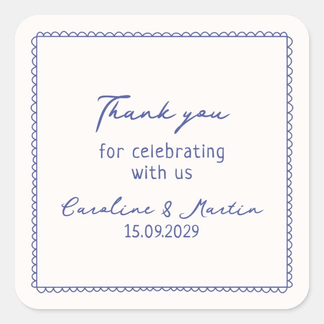 Pegatina Cuadrada Boda caprichoso, de mano azul, gracias (Anverso)
