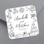 Pegatina Cuadrada Boda caprichoso y divertido<br><div class="desc">Pegatinas De Boda Quirky Dibujadas A Mano Personalizadas. Estos divertidos y juguetones stickers de bodas cuadradas incluyen extravagantes ilustraciones de doodle alrededor del diseño, incluyendo una torre de champán, torta boda, bola de disco, corazones, campanas bodas, anillos, cámaras y más. Los nombres de la novia y del novio, así como...</div>