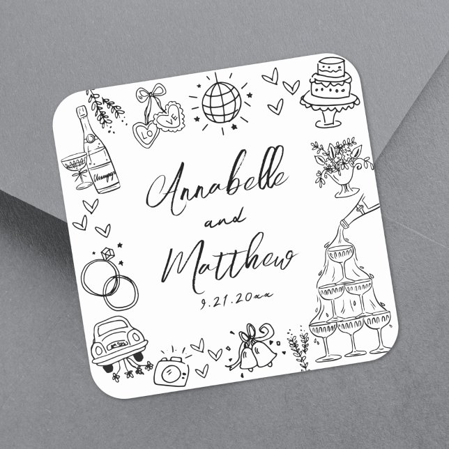 Pegatina Cuadrada Boda caprichoso y divertido (Quirky Fun Hand Drawn Whimsical Wedding Square Sticker)