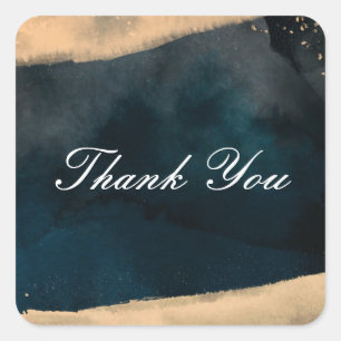 Pegatina Cuadrada Boda Chic de Acuarela Moderna en Azul y Coral Melo