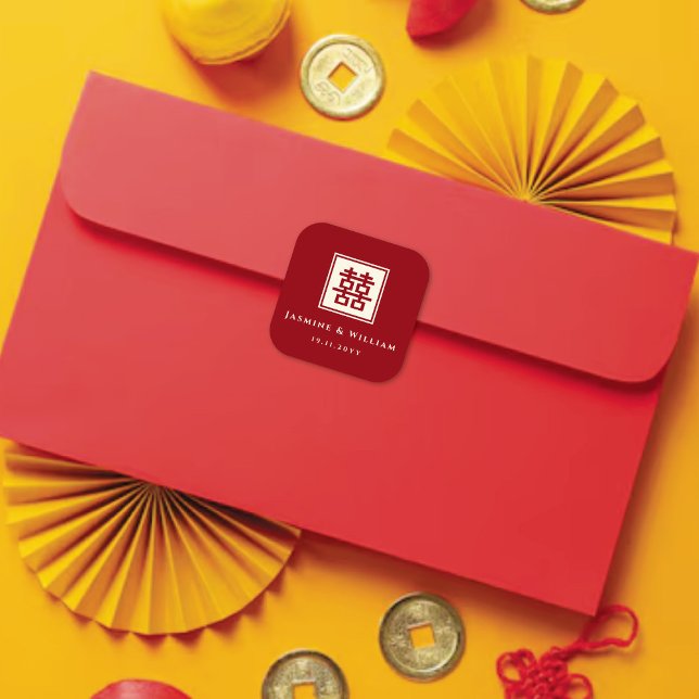 Pegatina Cuadrada Boda chino clásico cuadrado doble felicidad (Classic Square Double Happiness Modern Chinese Wedding Party Favor Sticker / Envelope Seal )