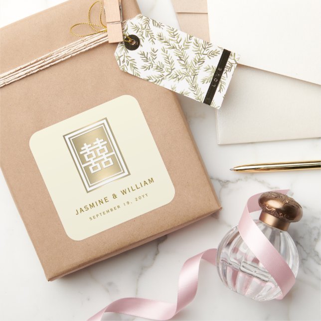 Pegatina Cuadrada Boda chino elegante con doble felicidad dorada (Regalar)