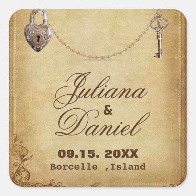 Pegatina Cuadrada Boda clave de esqueleto gótico vintage (Anverso)