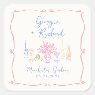 Pegatina Cuadrada Boda Colorida y Original con Dibujos a Mano