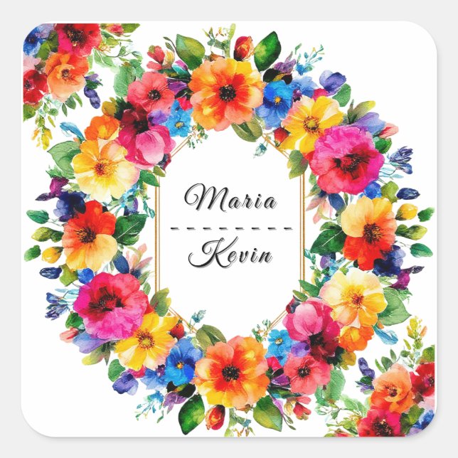 Pegatina Cuadrada Boda colorido Floral Wreath (Anverso)