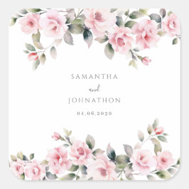 Pegatina Cuadrada Boda con Acuarela Floral Rosa
