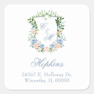 Pegatina Cuadrada Boda con Cresta Floral Azul Polvoriento