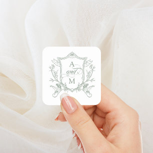 Pegatina Cuadrada Boda con cresta vintage verde salvia