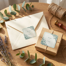 Pegatina Cuadrada Boda con Marco de Oro Verde Salvia y Bayas