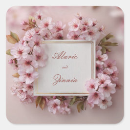 Pegatina Cuadrada Boda con Marco Dorado Flor de Cerezo Rosa Sonrojo