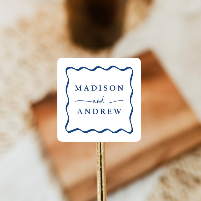 Pegatina Cuadrada Boda con Marco Ondulado Azul Moderno (Subido por el creador)