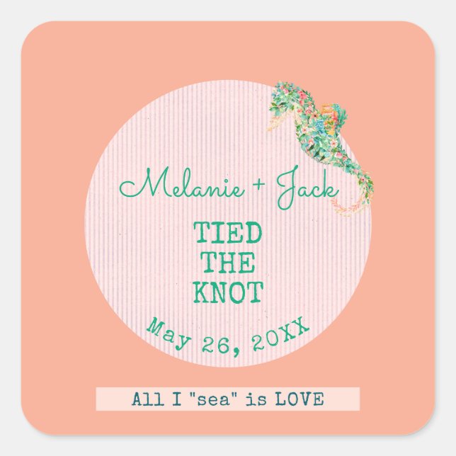 Pegatina Cuadrada Boda Costera Raya de Caballito de Mar (Anverso)