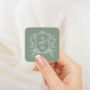 Pegatina Cuadrada Boda Cresta Vintage Verde Salvia