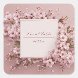 Pegatina Cuadrada Boda Cuadrada Dorada de Flor de Cerezo Rosa Lush B