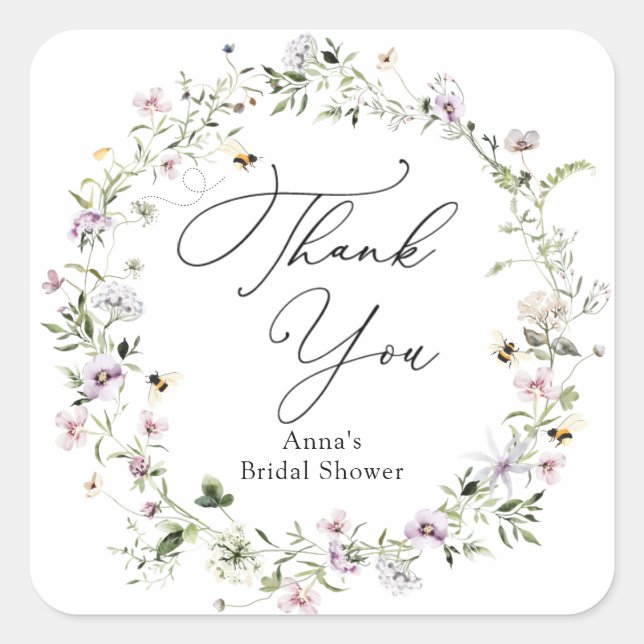 Pegatina Cuadrada Boda de abeja y flores silvestres de lavanda (Anverso)