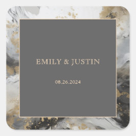 Pegatina Cuadrada Boda de acuarela artística de antracita de oro mod