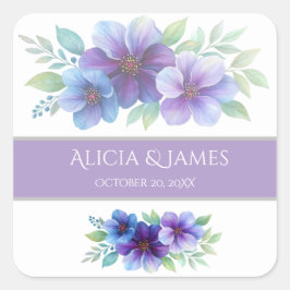Pegatina Cuadrada Boda de acuarela botánica púrpura romántico azul