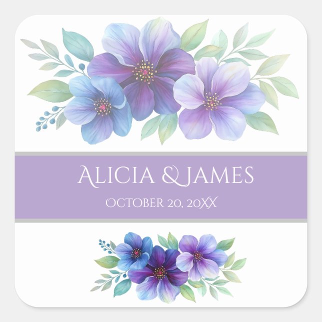 Pegatina Cuadrada Boda de acuarela botánica púrpura romántico azul