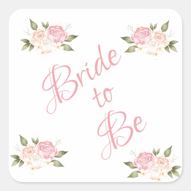 Pegatina Cuadrada Boda de acuarela de escritura floral rosa de novia (Anverso)
