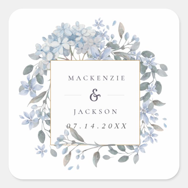 Pegatina Cuadrada Boda de acuarela de marco de hidráneas azules (Anverso)
