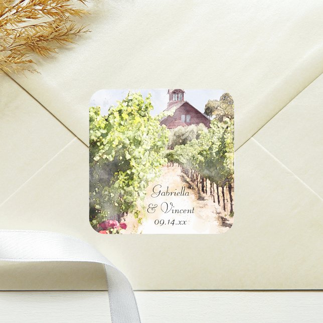 Pegatina Cuadrada Boda de Acuarela en Viñedo y Granero Rojo (Complete your wedding stationery look with this rustic Vineyard and Red Barn Envelope Seal.)