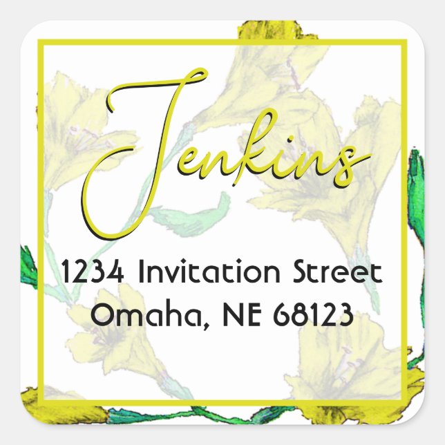 Pegatina Cuadrada Boda de acuarela floral amarillo (Anverso)