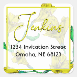 Pegatina Cuadrada Boda de acuarela floral amarillo