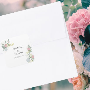 Pegatina Cuadrada Boda de Acuarela Floral Fina