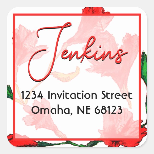 Pegatina Cuadrada Boda de acuarela floral roja (Anverso)