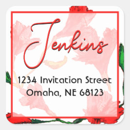 Pegatina Cuadrada Boda de acuarela floral roja