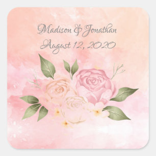 Pegatina Cuadrada Boda de acuarela floral rosa