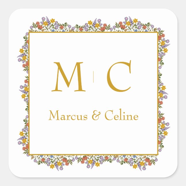 Pegatina Cuadrada Boda de acuarela romántica floral (Anverso)