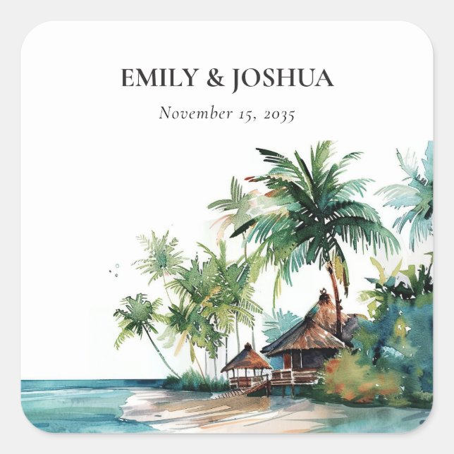 Pegatina Cuadrada Boda de acuarela tropical de playa (Anverso)
