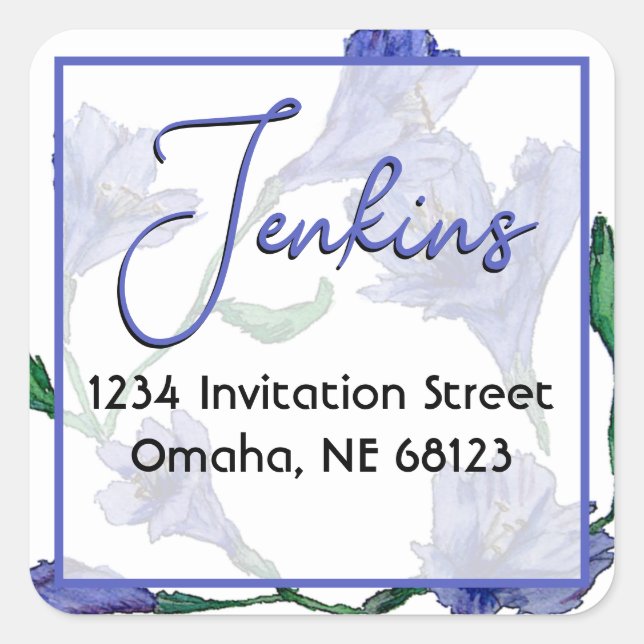 Pegatina Cuadrada Boda de acuarela violeta azul floral (Anverso)