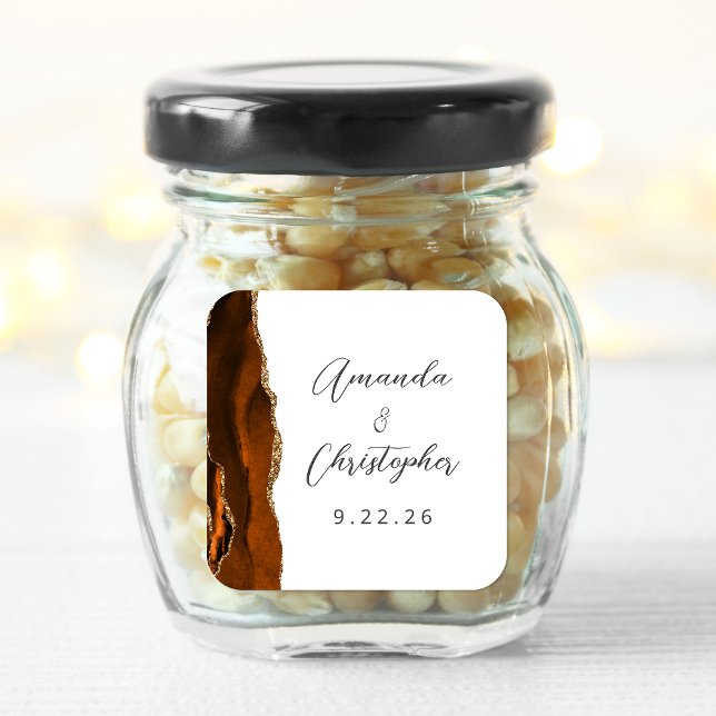 Pegatina Cuadrada Boda de Agata Naranja Quemada Dorada Script (Subido por el creador)
