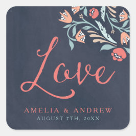 Pegatina Cuadrada Boda de amor floral Bluish Chalkboard