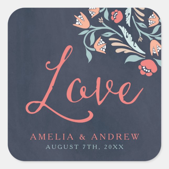 Pegatina Cuadrada Boda de amor floral Bluish Chalkboard (Anverso)