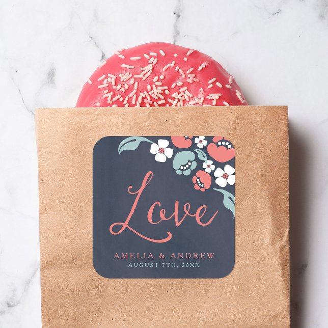 Pegatina Cuadrada Boda de amor floral Bluish Chalkboard (Subido por el creador)