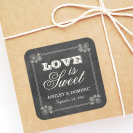 Pegatina Cuadrada Boda de Amor Floral de Pizarra Vintage es Dulce