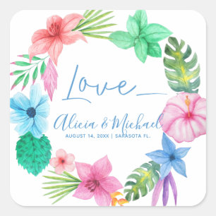 Pegatina Cuadrada Boda de amor floral hawaiano