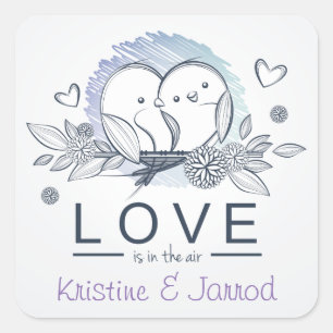 Pegatina Cuadrada Boda de amor púrpura de Lovebirds personalizado