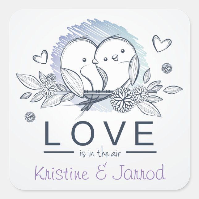 Pegatina Cuadrada Boda de amor púrpura de Lovebirds personalizado (Anverso)