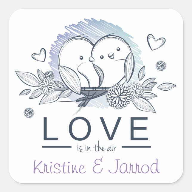 Pegatina Cuadrada Boda de amor púrpura de Lovebirds personalizado (Anverso)