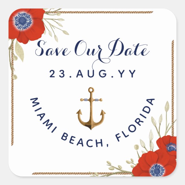 Pegatina Cuadrada Boda de Anclaje de Anemia Náutica ⚓ Roja y Azul (Anverso)