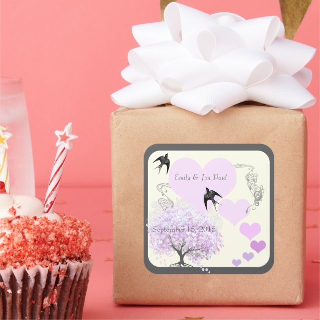 Pegatina Cuadrada Boda de árbol de hojas cardíacas de lavanda (Fiesta)